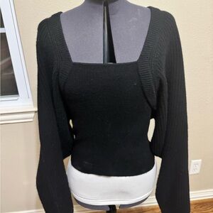 Black Cashmere Square Neck Faux Shrug Sweater with Raglan Sleeves